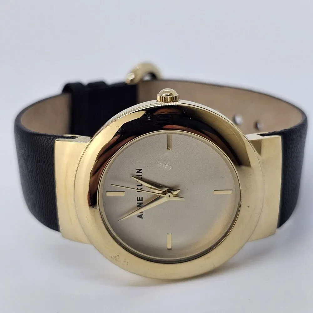 Anne Klein Women's Watch 36MM Gold Dial Black Leather Band‎ Straps New Battery